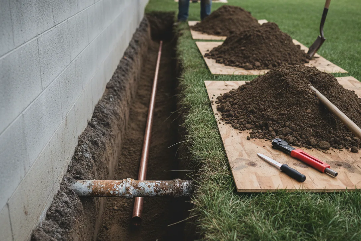Excavated water line trench during Water Heater Repair in Exton